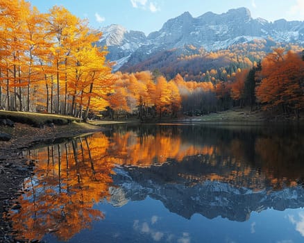 Reflections of autumn trees in a crystal-clear lake, creating a mirror image of nature's palette.