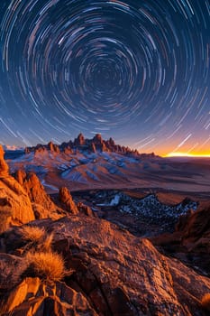 Stars trailing in the night sky over a silent desert, illustrating the passage of time.