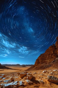 Stars trailing in the night sky over a silent desert, illustrating the passage of time.