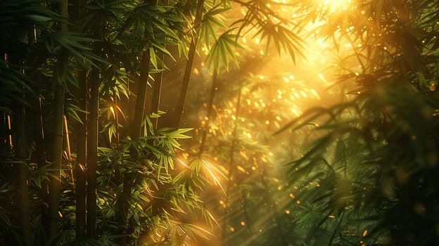 Sunlight streaming through a dense bamboo grove, creating patterns and shadows.