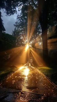 Sunbeams through heavy rain clouds, capturing hope and dramatic weather themes.