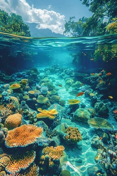 Shallow coral reef with clear water above, capturing tropical marine ecosystems.