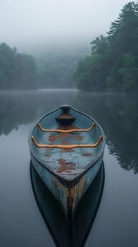 The peaceful solitude of a canoe on a misty lake at dawn, symbolizing tranquility and reflection.