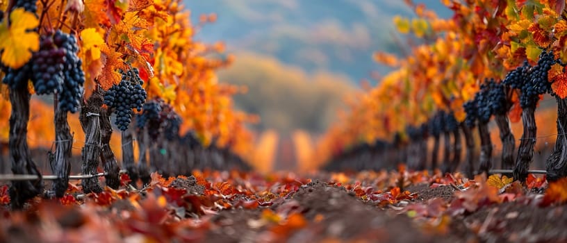 Ripened vineyard rows at harvest, ideal for wine and agricultural themes.