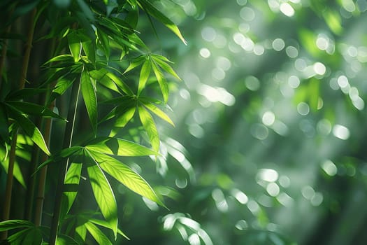 Sunlight streaming through a dense bamboo grove, creating patterns and shadows.