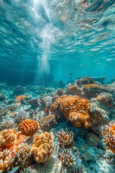 Shallow coral reef with clear water above, capturing tropical marine ecosystems.