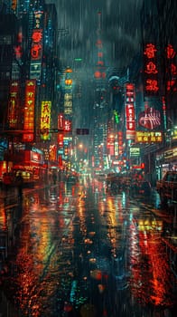 Rain falling on a city street at night, creating reflections and a moody atmosphere.