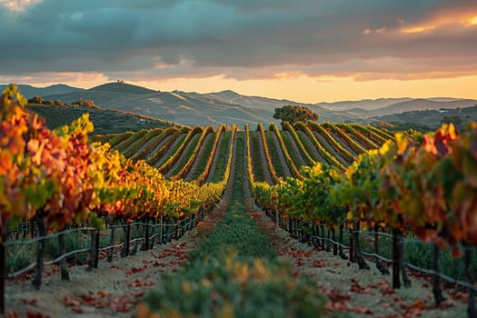 Ripened vineyard rows at harvest, ideal for wine and agricultural themes.