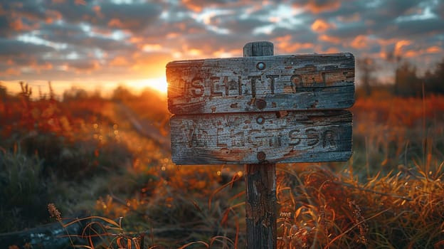 A weathered wooden signpost in a rural setting, pointing in multiple directions, evoking choice and adventure.