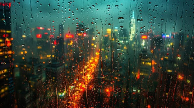 A cityscape seen through a rain-soaked window, creating a dreamy and abstract view.
