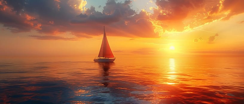 A lone sailboat on a vast ocean at sunset, symbolizing solitude and exploration.