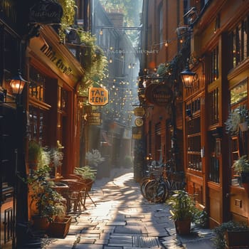 A narrow alley bathed in warm sunlight, flanked by historic buildings, evoking curiosity and exploration.