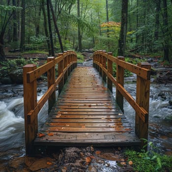 A rustic wooden bridge over a forest stream, evoking adventure and exploration.