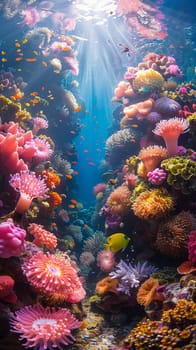 A vibrant coral reef teeming with marine life, highlighting biodiversity.