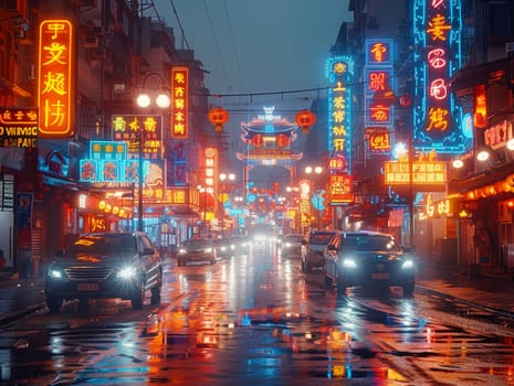 Brightly lit neon signs in a bustling city street at night, illustrating urban energy.