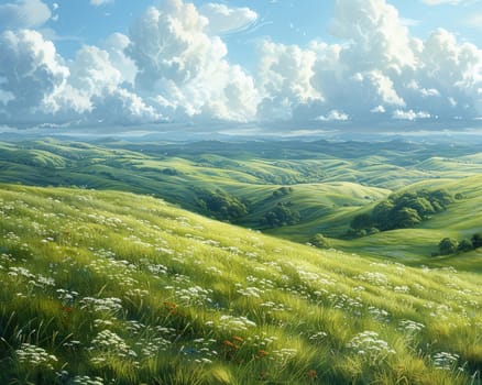 A panoramic view of rolling hills under a dynamic sky, offering a sense of freedom and space.