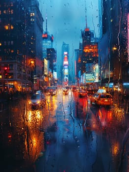 A cityscape seen through a rain-soaked window, creating a dreamy and abstract view.