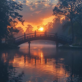 A bridge spanning a tranquil river at sunrise, connecting two shores and symbolizing passage.