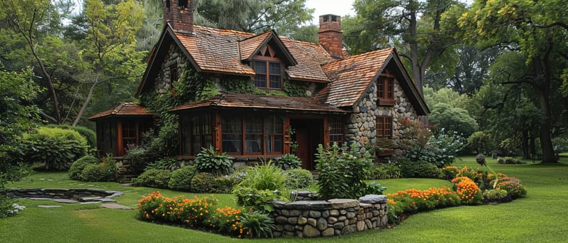 A quaint stone cottage in a lush garden, offering a storybook setting.