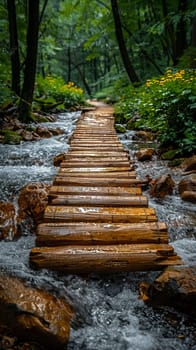 A rustic wooden bridge over a forest stream, evoking adventure and exploration.