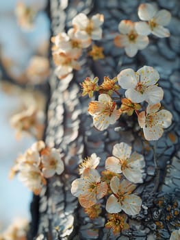 Blooming cherry blossoms against blue sky, ideal for spring and floral themes. Rough bark texture of an old tree, great for nature and rustic designs.