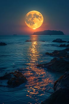 A full moon rising over a tranquil sea, evoking mystery and the beauty of the night.