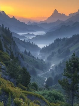 A peaceful sunrise over a mountain range, bathing the landscape in soft light.