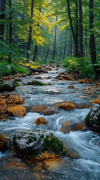 A serene brook winding through a forest, symbolizing peace and the journey of life.