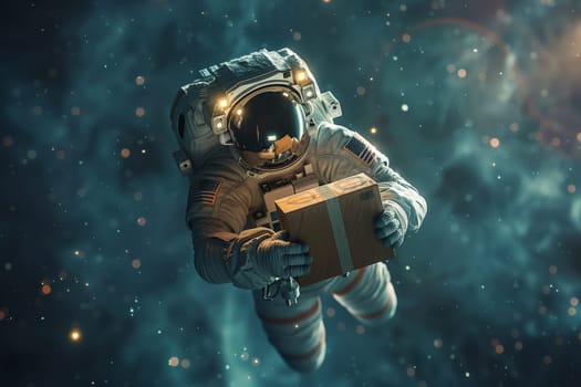 an astronaut delivering a package in the middle of space.