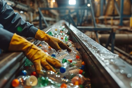 recycling and sorting garbage from plastic bottles, A hands in gloves On the garbage conveyor.