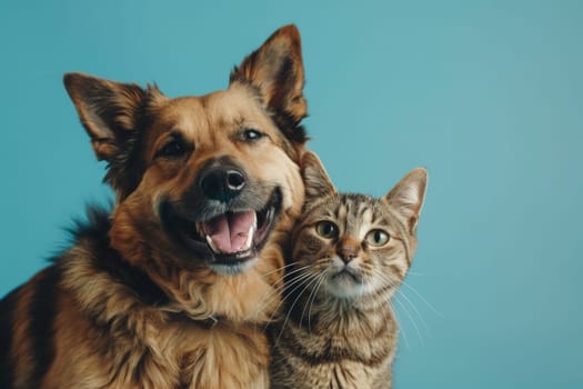 Happy Dog and Cat on blue background, animals love each other.