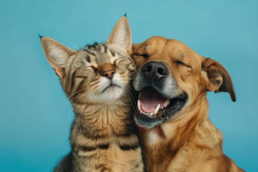 Happy Dog and Cat on blue background, animals love each other.