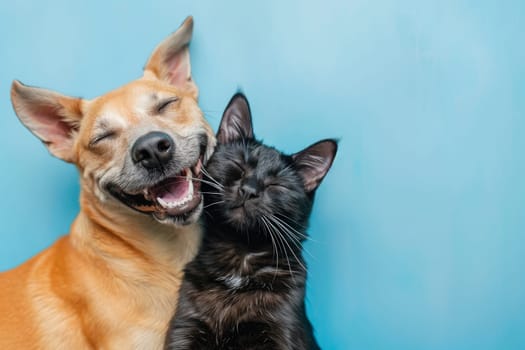 Happy Dog and Cat on blue background, animals love each other.