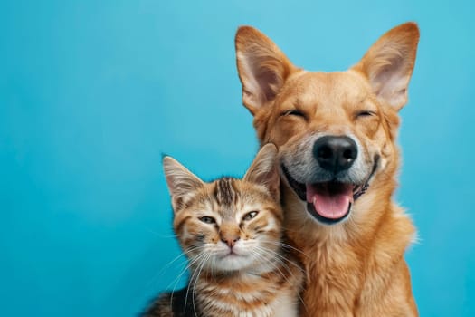 Happy Dog and Cat on blue background, animals love each other.