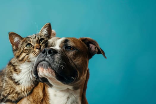 Happy Dog and Cat on blue background, animals love each other.