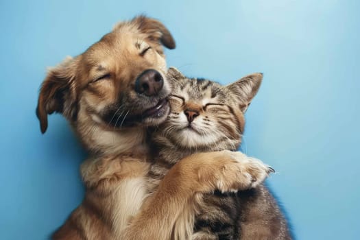 Happy Dog and Cat on blue background, animals love each other.