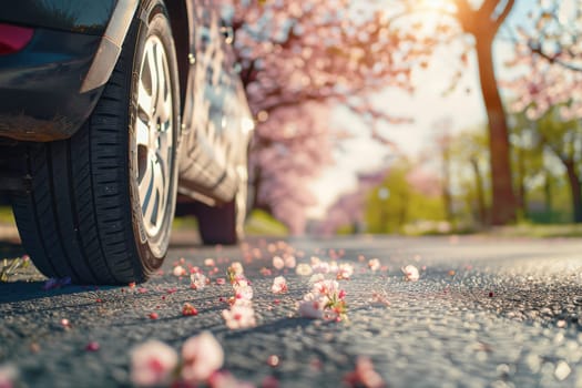 summer car tires in the blooming spring in the sun, time for summer tires.