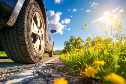 summer car tires in the blooming spring in the sun, time for summer tires.