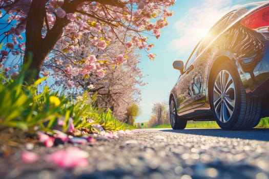 summer car tires in the blooming spring in the sun, time for summer tires.