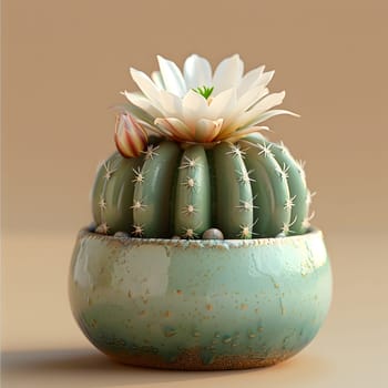 A terrestrial plant with white petals sits in a flowerpot made of porcelain. The green pottery dishware complements the small cactus perfectly, making it a piece of art in serveware