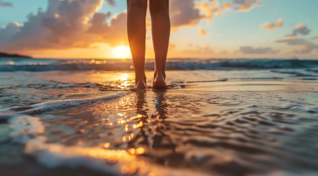 A woman's feet are in the water at sunset.