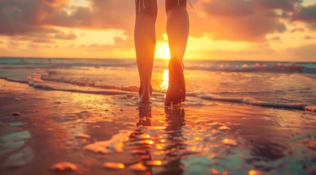 A woman's feet are in the water at sunset. The water is calm and the sky is orange