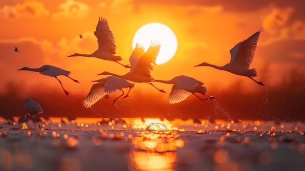 A flock of birds flying over a body of water with the sun in the background. The birds are white and are flying in different directions. The scene is peaceful and serene