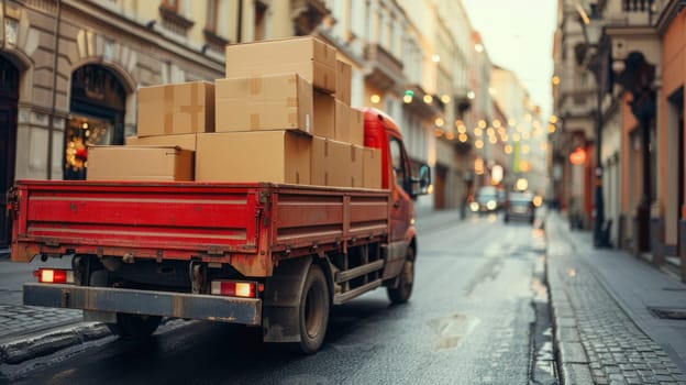 A red truck is parked on a city street with a large number of boxes stacked on truck.