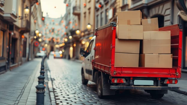 A red truck is parked on a city street with a large number of boxes stacked on truck.