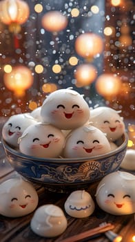 A snapshot of a white bowl of dumplings, each with cute faces, placed on a table. The light shines on the vertebrate dish at the event, like a mammal ingredient in a recipe