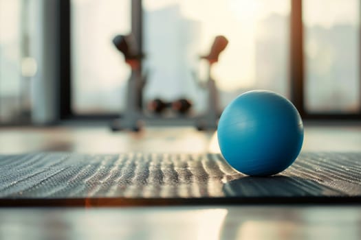 a fitness balls and yoga mat on floor in gym..