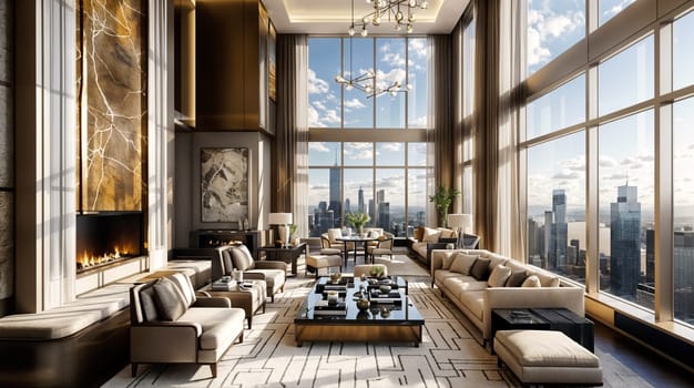 opulent penthouse living room with floor-to-ceiling windows providing a panoramic view of the urban skyline during sunset, enhancing the rooms warm ambiance - Generative AI