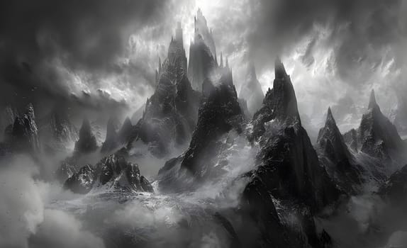 A monochrome photography depicting a stunning natural landscape of a mountain range surrounded by clouds in the atmosphere