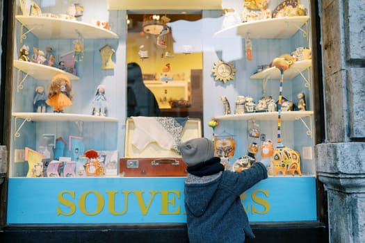 Little girl points to a colorful giraffe figurine in a gift shop window. Back view. High quality photo